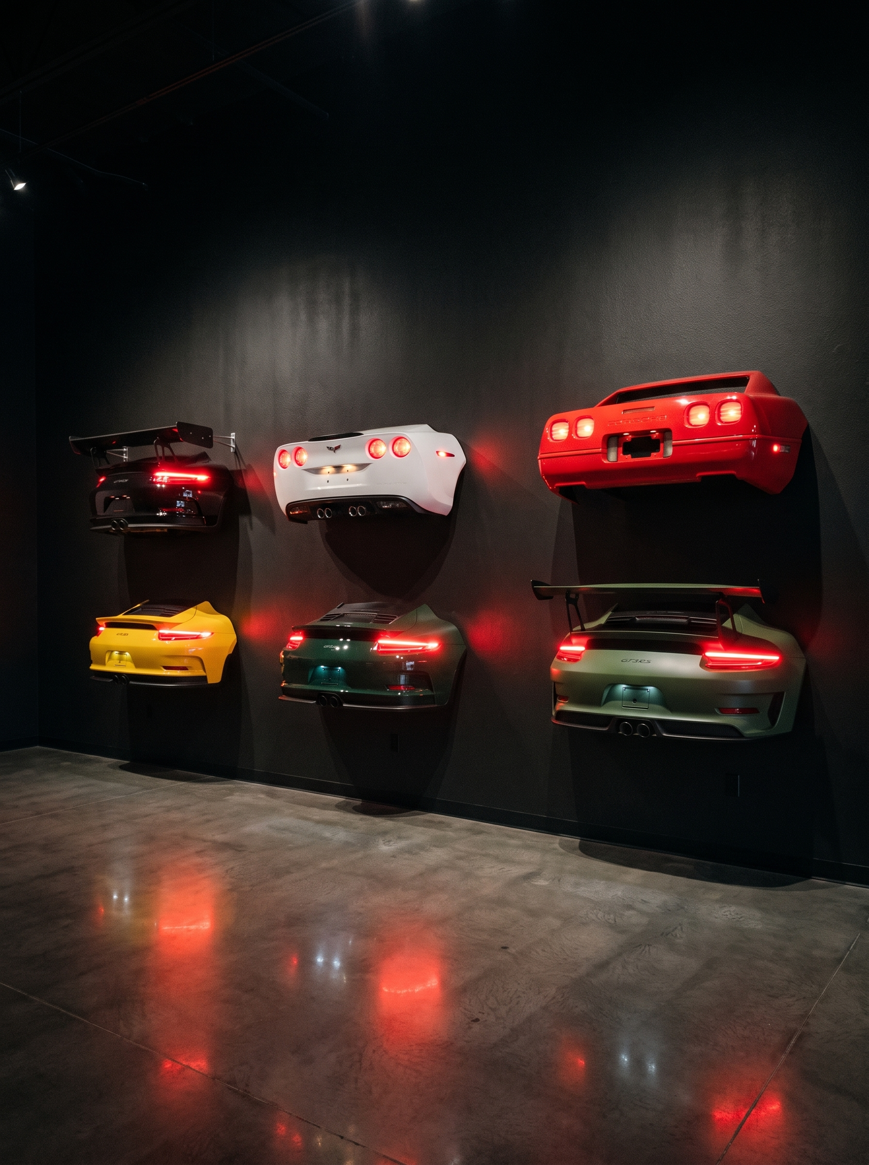 The rear end of a car. On your wall. Lit.